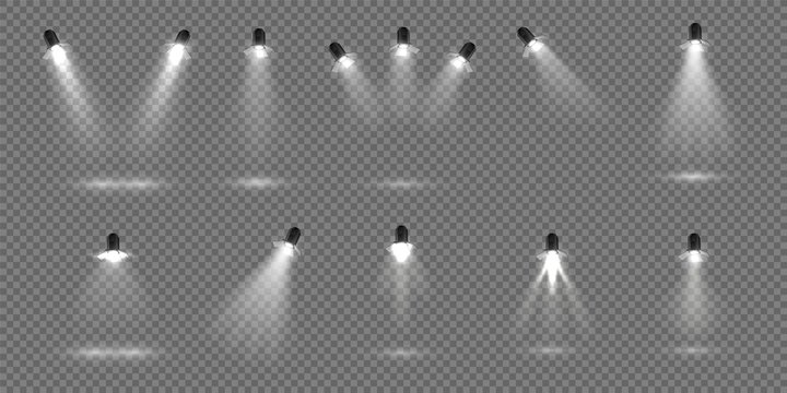 Spotlight For Stage. Realistic Floodlight Set. Illuminated Studio Spotlights For Stage. Vector Illustration Stage Lighting Effect For Theater Or Concert Backdrop