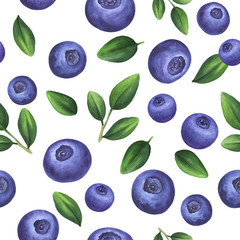 Seamless pattern of leaves and berry forest blueberry. Isolated on white background. Hand drawn watercolor illustration for design cookbook, recipes, advertising, botanical card, label, menu, packing