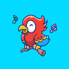 Cute Parrot Bird Singing Vector Icon Illustration. Bird Mascot Cartoon Character. Animal Icon Concept White Isolated. Flat Cartoon Style Suitable for Web Landing Page, Banner, Flyer, Sticker, Card