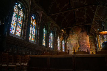  Interior of the Basilica of the Holy Blood - Basiliek van het Heilig Bloed.  Low angle picture. UNESCO World Heritage Site
