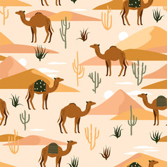 
Seamless pattern with camels, dunes and cacti. Cute illustration of an animal in the desert.
Camel Caravan in the Sands