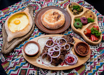 Georgian cuisine food set. Georgian restaurant. Restaurant background.