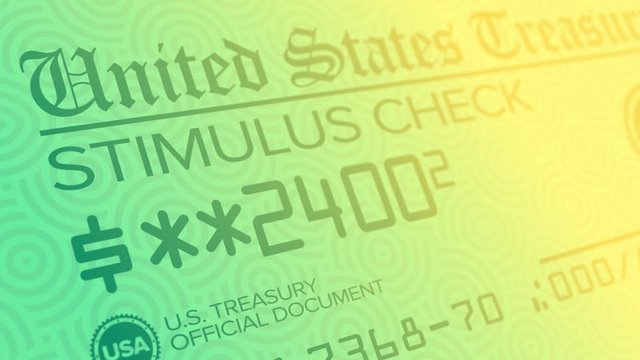A stylized background animation of a fictional United States stimulus check. $2400 checks were sent out to American families to aid citizens pay their bills during the COVID-19 pandemic of 2020.  	