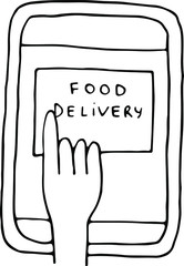 Online foods delivery. Vector illustration of mobile phone hand. Doodle style.