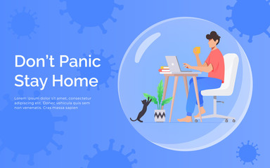 Quarantine and self isolation concept. Man work from home to avoid viruses. Staying home with self quarantine. Protect concept man and his cat in glass sphere