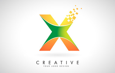 Letter X Logo Design in Bright Colors with Shattered Small blocks on white background.