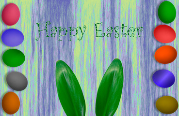 Happy Easter background-a frame of colorful painted eggs, isolated in texture, with text and leaves with rabbit ears