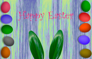 Happy Easter background-a frame of colorful painted eggs, isolated in texture, with text and leaves with rabbit ears