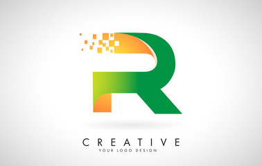 Letter R Logo Design in Bright Colors with Shattered Small blocks on white background.