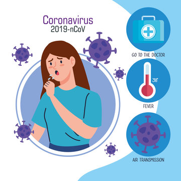 coronavirus 2019 ncov infographic and woman with coughing and icons vector illustration design