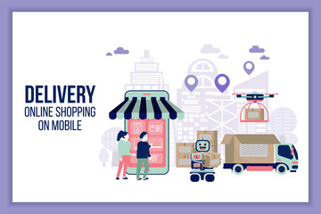 Fototapeta na wymiar Online delivery shopping on mobile flat design with concept truck and robot service. This design can be used for websites, landing pages.Internet shipping web banner with modern city.Vector illustrati