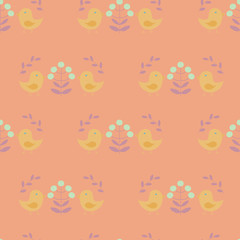Seamless pattern in scandinavian style with  birds, flowers and leaves on a light orange background, raster illustration
