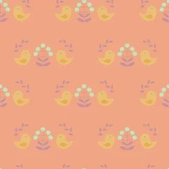 Fototapeten Seamless pattern in scandinavian style with  birds, flowers and leaves on a light orange background, raster illustration © iuliia_n