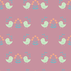 Seamless pattern in scandinavian style with  birds, flowers and leaves on a pink rose background, raster illustration
