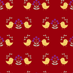 Seamless pattern in scandinavian style with  birds, flowers and leaves on red background, raster illustration