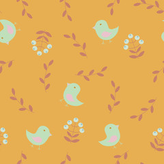 Abstract seamless pattern in scandinavian style with  birds, flowers and leaves on a mustard yellow background, raster illustration