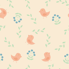 Abstract seamless pattern in scandinavian style with  birds, flowers and leaves on a light yellow background, raster illustration