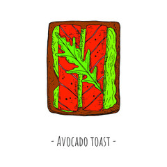 Avocado toast with fish slices and arugula leaf. Top view. Vector cartoon illustration. Isolated object on a white background. Hand-drawn style.