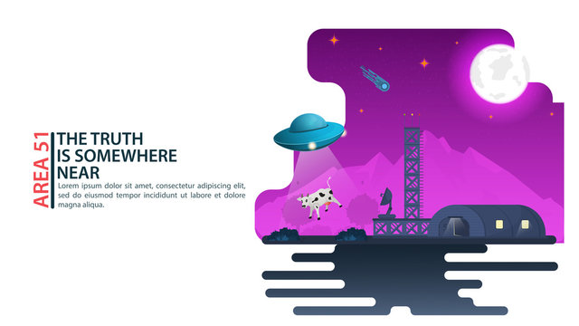 UFO flying saucer kidnaps pet cow extraterrestrial intelligence hangar area 51 design concept flat vector illustration