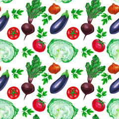 Eggplant, cabbage, beetroot, tomato, parsley. Vegetable seamless pattern.