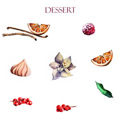 illustration of dessert ingredients: marshmallows, sweet raspberries, lemon, vanilla, cinnamon, red currant berries, vanilla leaf and flower