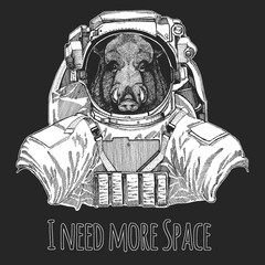Portrait of wild hog, boar, pig. Spaceman, astronaut. Wild animal wearing space suit. Face of brave animal.