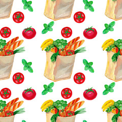 Food paper bag with bananas, apple, bell pepper, bread, tomatoes, broccoli, basil, onion. Market, food delivery seamless pattern.