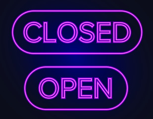 Neon text. Closed. Open. Vector EPS 10.