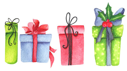 Christmas presents. Gifts for the New Year. Hand-drawn watercolor.