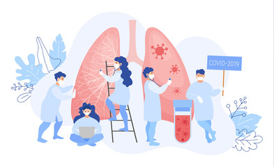 Doctors and nurses treat lungs affected by coronavirus. Vector template in flat style for web page. Banner on the covid-19 pandemic. The treatment of pneumonia.