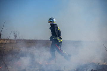 The grass burns in the field Fireman works.