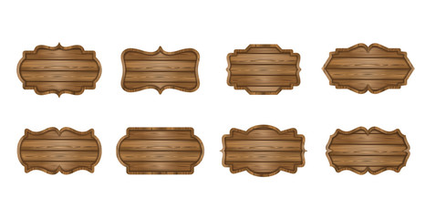 Set of wooden boards. Wooden labels, signboards, banners collection