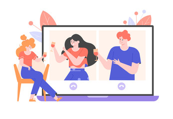 Online party, birthday, meeting friends. People drink wine together in quarantine. Girl sitting in a chair in front of a laptop. Video chat. Vector flat illustration.