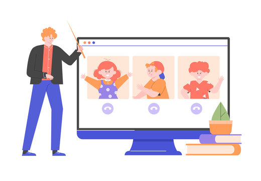 The teacher gives a distance lesson to children. Online education, classroom, video chat. Home schooling and new technologies. Vector flat illustration.