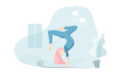 Woman at home doing advanced yoga pose to relax.