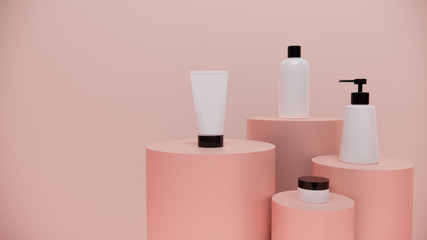 cosmetics bottle mockup set on circle.stand pastel background,3d rendering design