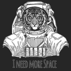 Tiger portrait. Wild cat head. Wild animal wearing space suit.