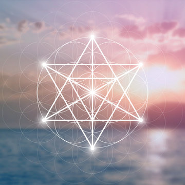 Merkaba sacred geometry spiritual new age futuristic illustration with interlocking circles, triangles and glowing particles in front of blurry natural photographic background