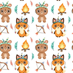 Cute cartoon boho animals seamless pattern
