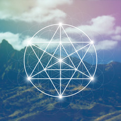 Merkaba sacred geometry spiritual new age futuristic illustration with interlocking circles, triangles and glowing particles in front of blurry natural photographic background