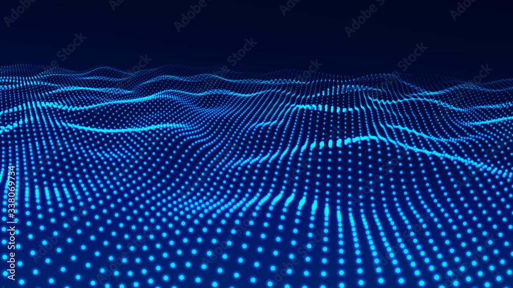 Aufkleber Wave of particles. Abstract background with a dynamic wave. Big data. Futuristic blue vector illustration.