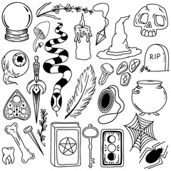 Sketch vector graphics, a magic set with mystical and occult drawn symbols