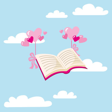 Isolierte Vekorgrafik von einem schwebenden Buch, mit Liebe verschickt, mit rosa Einband und fliegenden Herzen, die mit Schleifen befestigt sind, im Hintergrund ist ein hellblauer Himmel mit Wolken