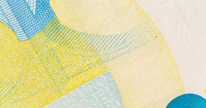 Different euro bills stop motion animation. Five, ten, twenty, one hundred and five hundred. Macro of banknote Euro. Euro money closeup.
