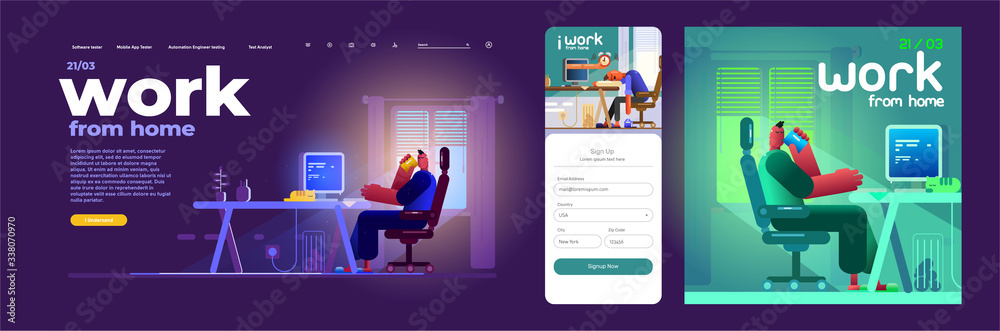 Wall mural flat vector illustration. a man works at a computer at home. interface of the website and mobile app