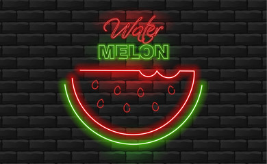 Watermelon neon, green and red, neon light, brick background vector illustration