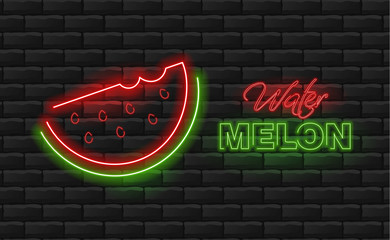 Watermelon neon, green and red, neon light, brick background vector illustration