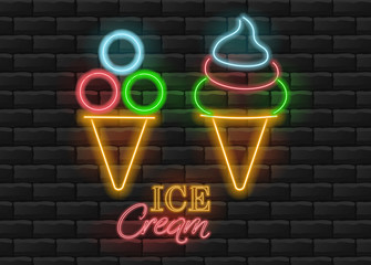 Ice cream neon light, summer, brick background vector illustration