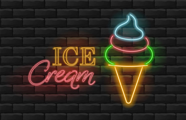 Ice cream neon light, summer, brick background vector illustration