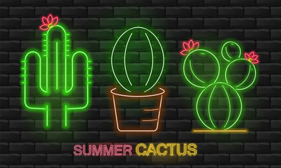 Neon cactus set, beautiful green cactus, brick background, neon lights vector illustration